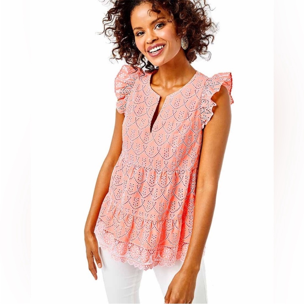 Lilly Pulitzer NWT Size 4 Keila Peach Eyelet Blouse V Neck